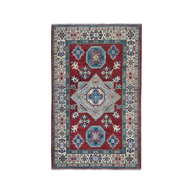 Shahbanu Rugs Red Geometric Design Kazak Pure Wool Hand-Knotted Oriental Rug (3'5" x 5'0") - 3'5" x 5'0"