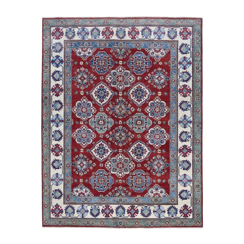 Shahbanu Rugs Red Geometric Design Kazak Pure Wool Hand-Knotted Oriental Rug (8'0" x 10'3") - 8'0" x 10'3"