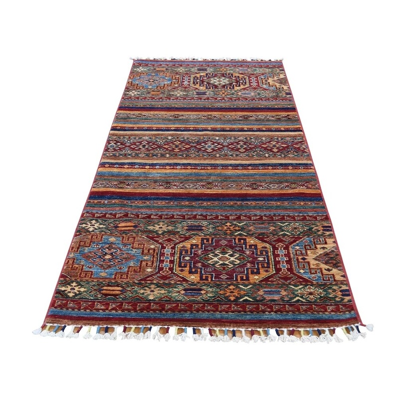 Shahbanu Rugs Red Super Kazak Khorjin Design Runner Hand-Knotted Pure Wool Rug (3'0" x 7'10") - 3'0" x 7'10"