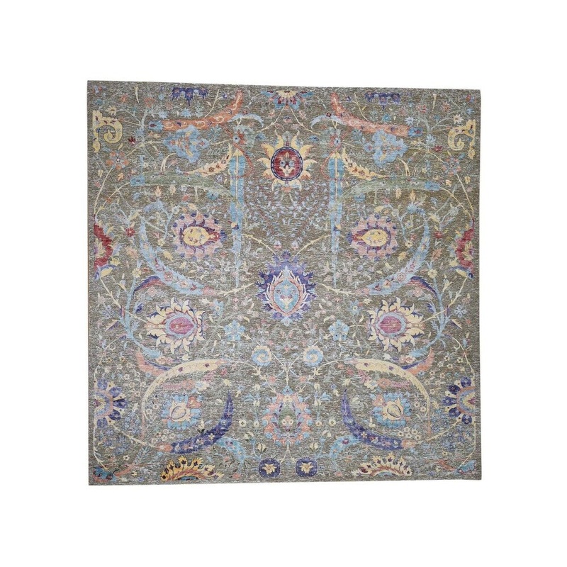 Shahbanu Rugs Square Hand-Knotted Sickle Leaf Design Silk With Oxidized Wool Rug (8'0" x 8'2") - 8'0" x 8'2"