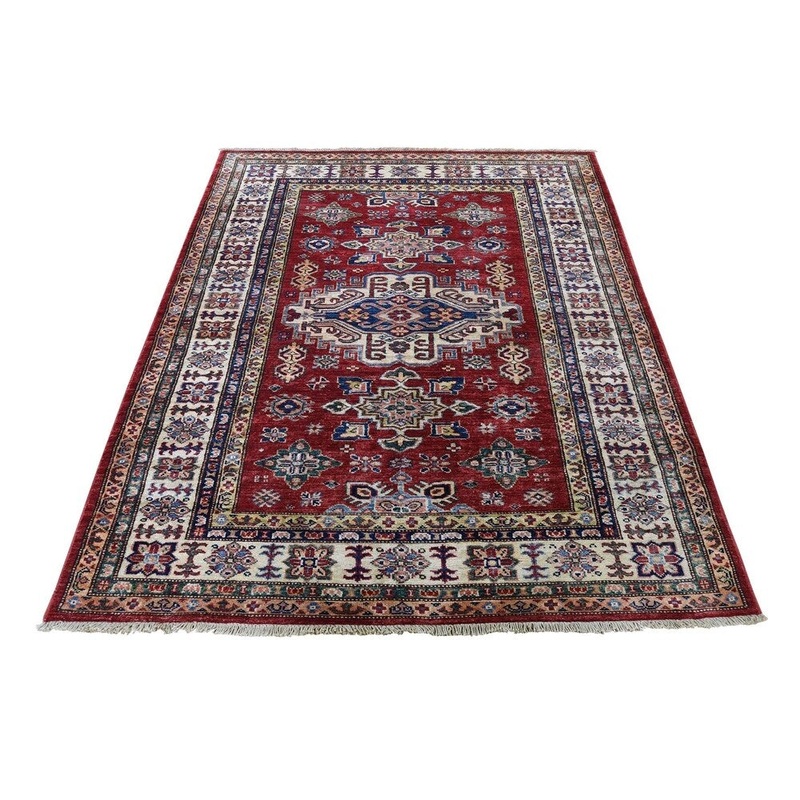 Shahbanu Rugs Super Kazak Pure Wool Geometric Design Hand-Knotted Oriental Rug (4'2" x 5'8") - 4'2" x 5'8"