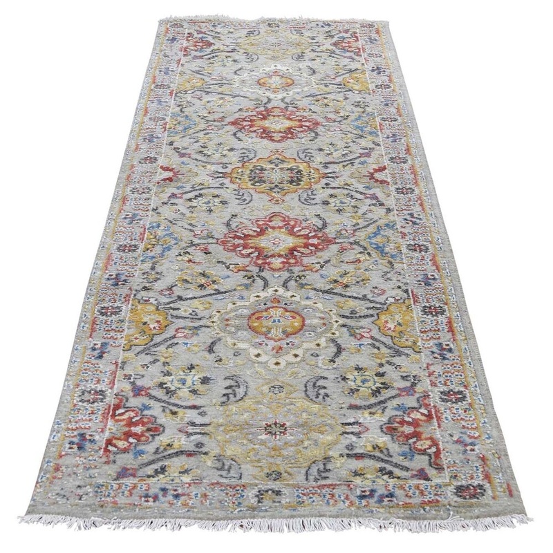Shahbanu Rugs THE SUNSET ROSETTES Pure Silk & Wool Runner Hand-Knotted Oriental Rug (2'7" x 10'0") - 2'7" x 10'0"