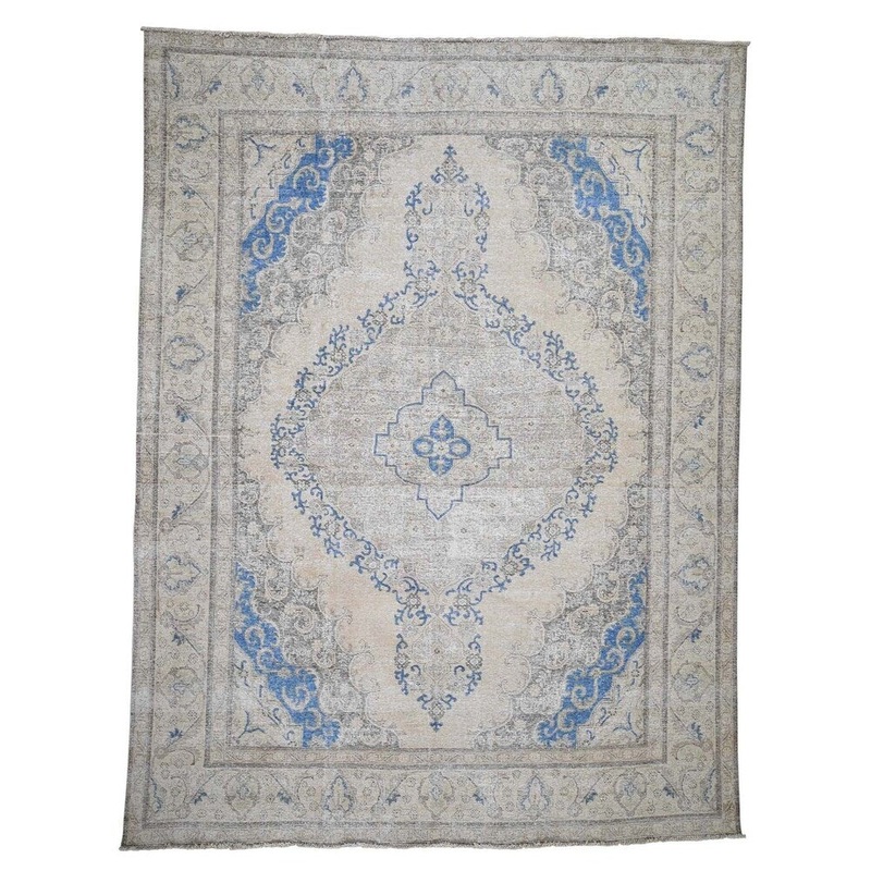 Shahbanu Rugs Vintage White Wash Persian Tabriz Sheared Down Hand-Knotted Rug (9'8" x 12'6") - 9'8" x 12'6"