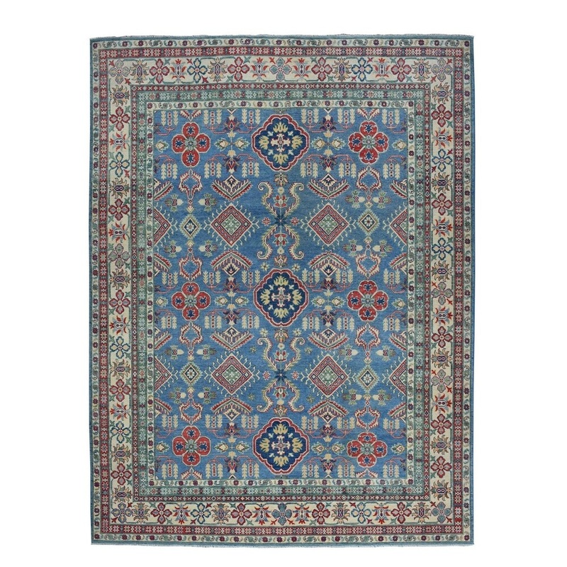 Shahbanu Rugs Blue Geometric Design Kazak Pure Wool Hand-Knotted Oriental Rug (8'10" x 12'2") - 8'10" x 12'2"