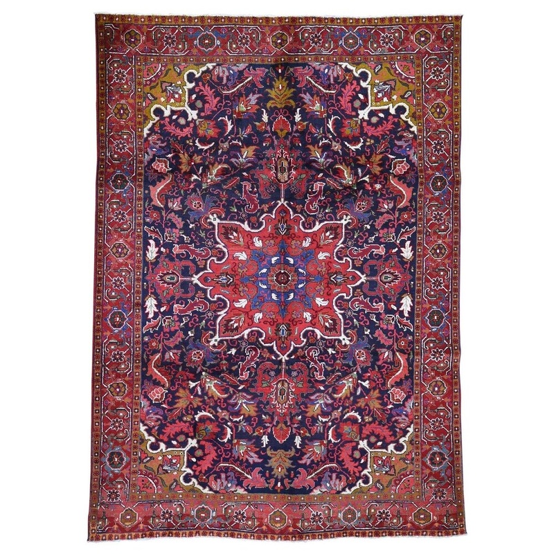 Shahbanu Rugs Blue,Vintage Persian Heriz Hand-Knotted Oriental Rug (7'4" x 10'5") - 7'4" x 10'5"