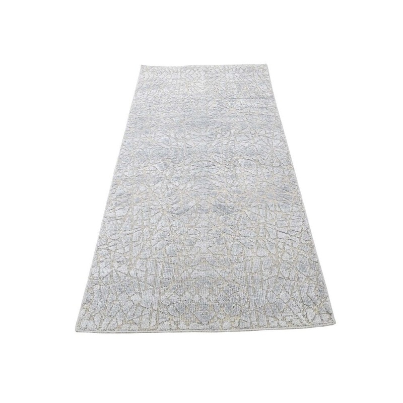 Shahbanu Rugs Flat Pile with Raised Silk Hand Knotted Tone on Tone Runner Rug (2'7" x 6'2") - 2'7" x 6'2"