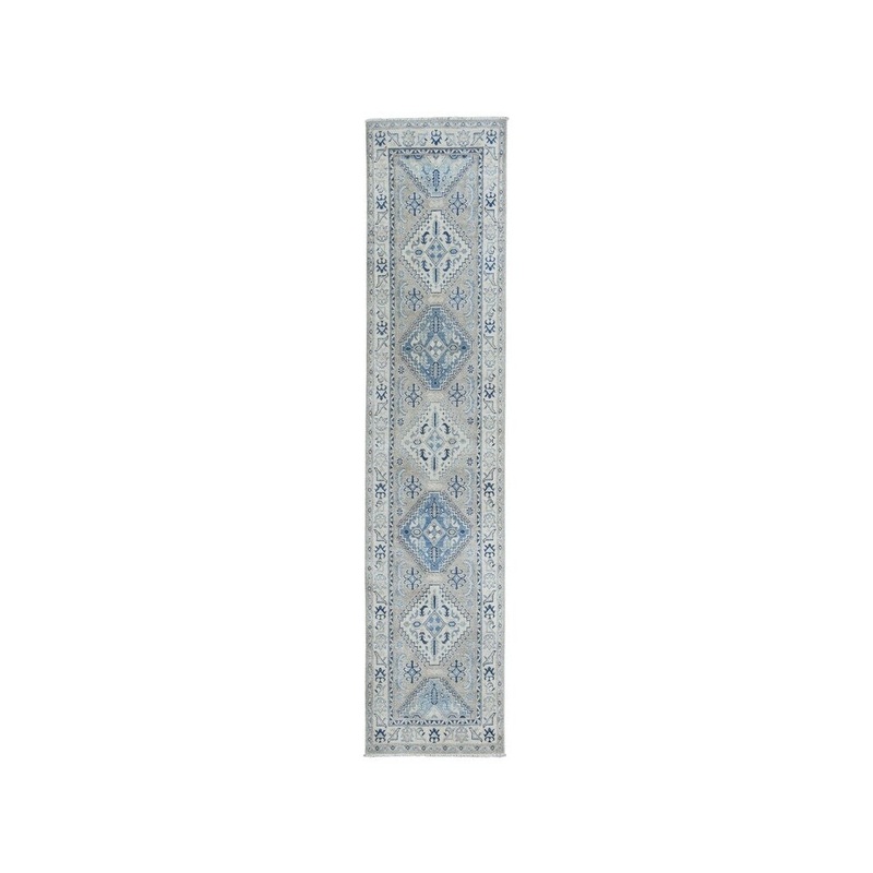 Shahbanu Rugs Gray Vintage Look Kazak Pure Wool Runner Geometric Design Rug (2'7" x 9'7") - 2'7" x 9'7"