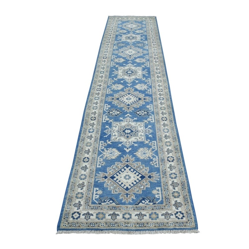 Shahbanu Rugs Hand Knotted Blue Vintage Look Kazak Pure Wool Runner Oriental Rug (2'5" x 11'3") - 2'5" x 11'3"