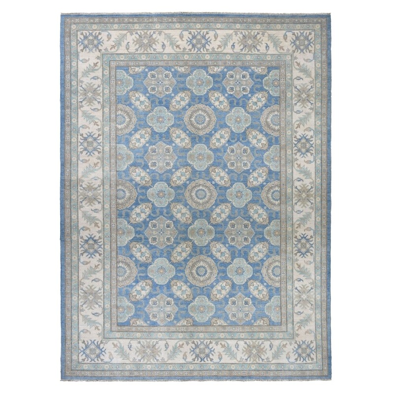 Shahbanu Rugs Hand Knotted Pure Wool Vintage Look Blue Kazak Oriental Rug (9'0" x 12'2") - 9'0" x 12'2"
