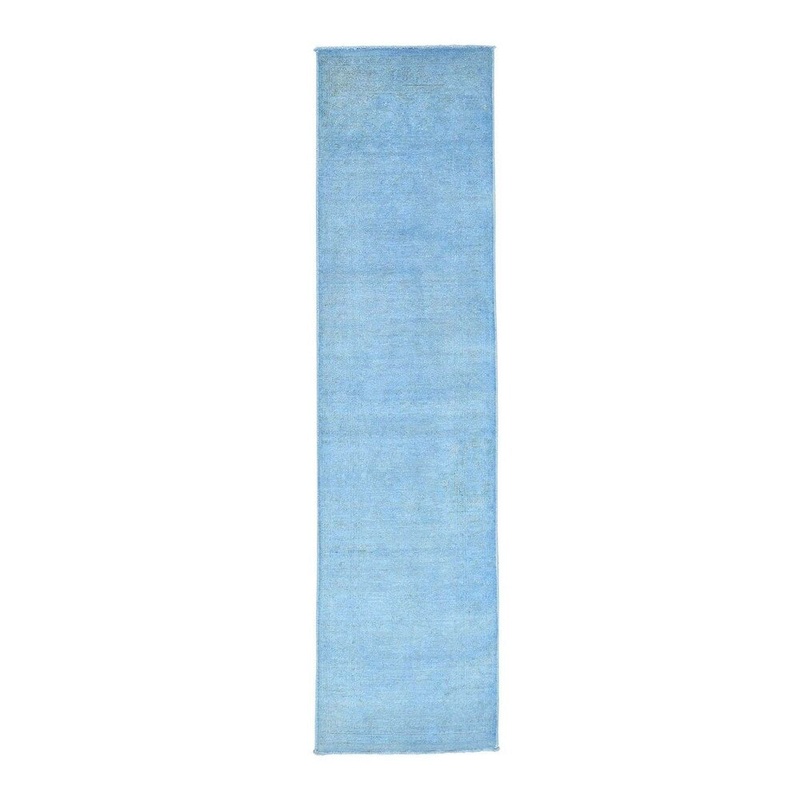 Shahbanu Rugs Hand Knotted Sky Blue Peshawar Overdyed Pure Wool Runner Rug (2'6" x 9'8") - 2'6" x 9'8"