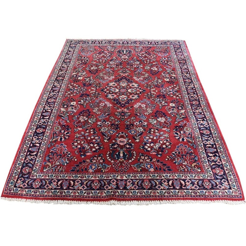 Shahbanu Rugs Red Antique Persian Sarouk 300 KPSI Clean Full Pile Oriental Rug (4'4" x 7'1") - 4'4" x 7'1"
