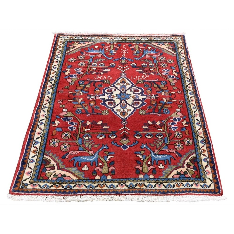 Shahbanu Rugs Red New Persian Hamadan With Animals Pure wool Hand-Knotted Rug (2'10" x 4'0") - 2'10" x 4'0"