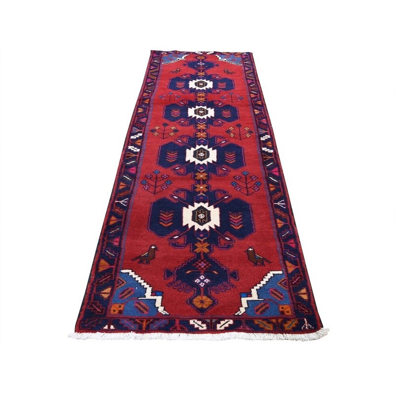 Shahbanu Rugs Red New Persian Hamadan With Birds Pure Wool Runner Hand-Knotted Rug (2'7" x 9'2") - 2'7" x 9'2"