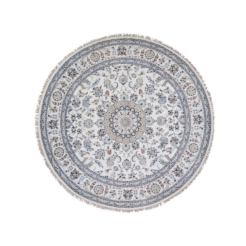 Shahbanu Rugs Round Hand-Knotted Wool And Silk 250 Kpsi Ivory Nain Oriental Rug (8'0" x 8'0") - 8'0" x 8'0"