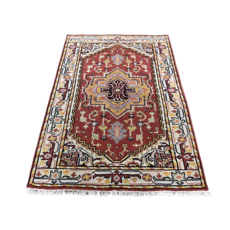 Shahbanu Rugs Rust Red Indo Heriz Pure Wool Hand-Knotted Oriental Rug (3'0" x 5'0") - 3'0" x 5'0"