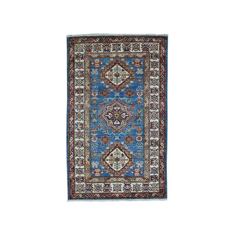 Shahbanu Rugs Blue Super Kazak Pure Wool Geometric Design Hand-Knotted Oriental Rug (2'6" x 4'0") - 2'6" x 4'0"