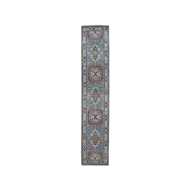 Shahbanu Rugs Blue Super Kazak Pure Wool Geometric Design Hand-Knotted Runner Rug (2'10" x 12'6") - 2'10" x 12'6"