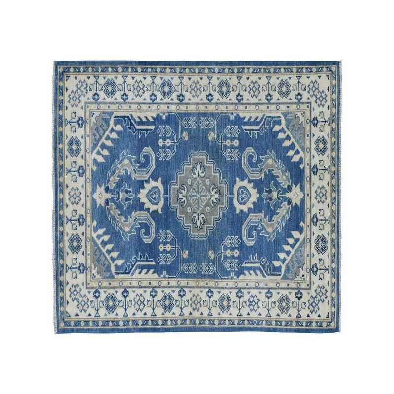 Shahbanu Rugs Blue Vintage Look Kazak Pure Wool hand-Knotted Oriental Rug (3'3" x 4'10") - 3'3" x 4'10"