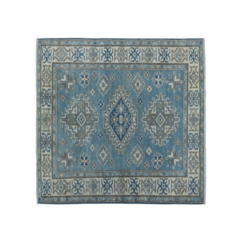Shahbanu Rugs Blue Vintage Look Kazak Pure Wool Hand-Knotted Oriental Rug (3'3" x 4'7") - 3'3" x 4'7"