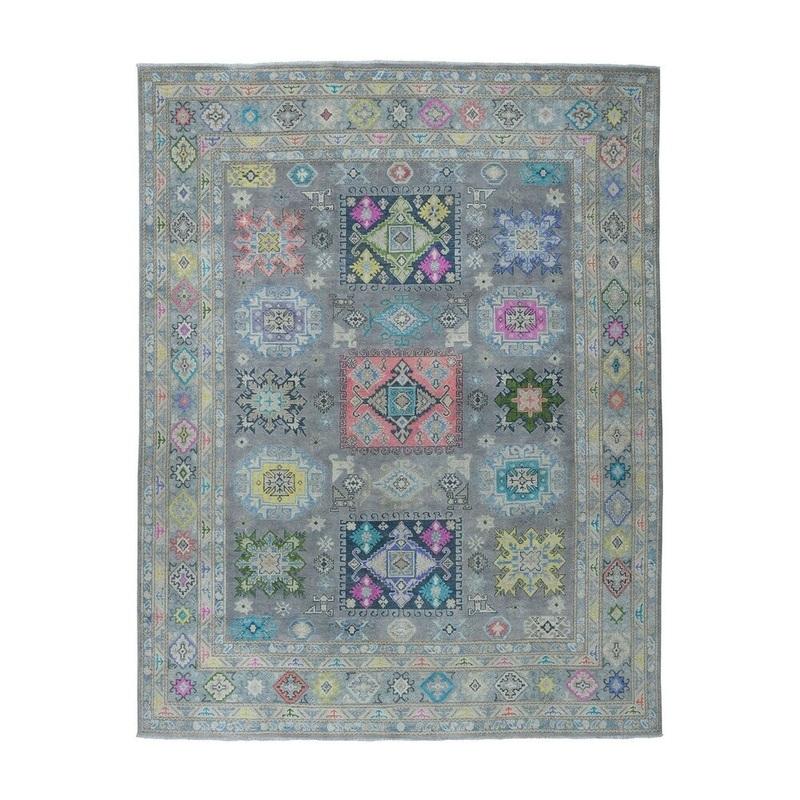 Shahbanu Rugs Colorful Fusion Kazak Geometric Design Pure Wool Hand-Knotted Rug (8'3" x 10'0") - 8'3" x 10'0"
