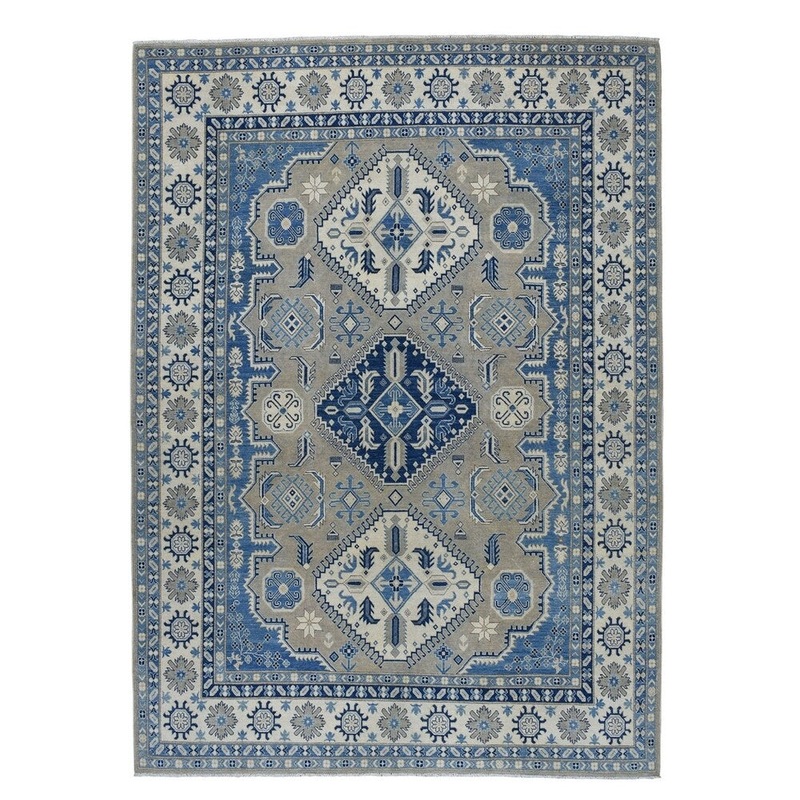 Shahbanu Rugs Gray Vintage Look Kazak Geometric Design Pure Wool Hand-Knotted Rug (8'10" x 11'9") - 8'10" x 11'9"