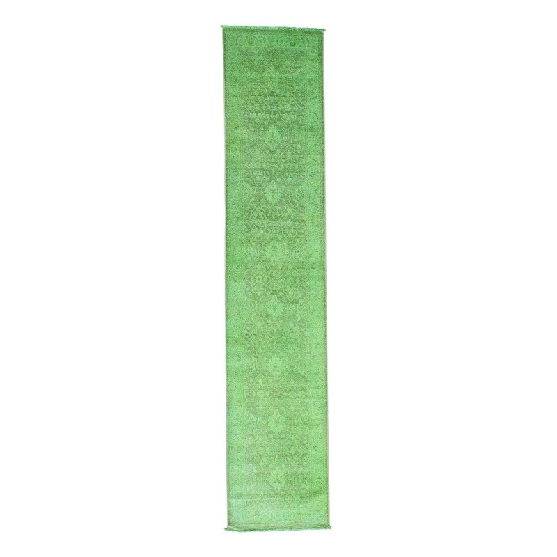 Shahbanu Rugs Hand Knotted Green Cast Peshawar Overdyed Worn Oriental Runner Rug (2'7" x 12'4") - 2'7" x 12'4"