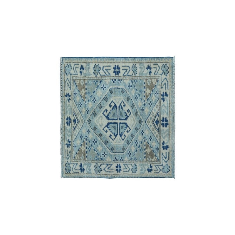 Shahbanu Rugs Hand-Knotted Pure Wool Vintage Look Kazak Geometric Design Rug (2'0" x 2'8") - 2'0" x 2'8"