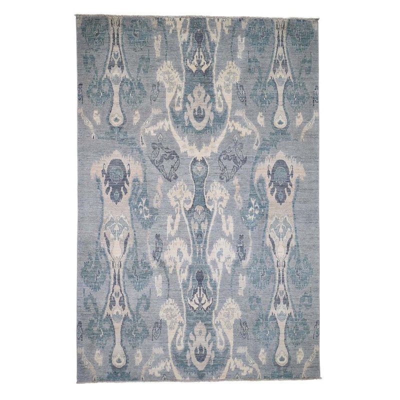 Shahbanu Rugs Pure Wool Ikat Uzbek Design Tribal Hand-Knotted Gray Oriental Rug (6'0" x 9'3") - 6'0" x 9'3"