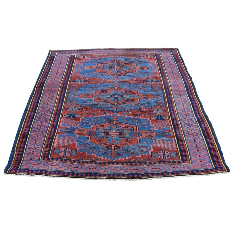 Shahbanu Rugs Red Antique Caucasian Seychur Good Con. Hand-Knotted Oriental Rug (4'3" x 5'1") - 4'3" x 5'1"