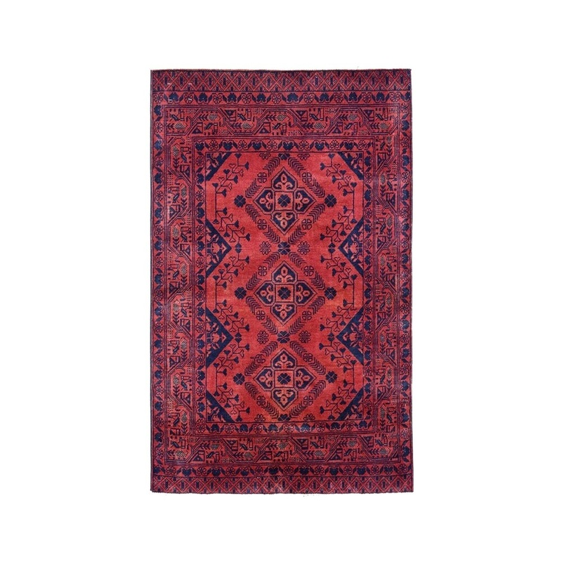 Shahbanu Rugs Red Geometric Afghan Andkhoy Pure Wool Hand-Knotted Rug (3'3" x 4'10") - 3'3" x 4'10"