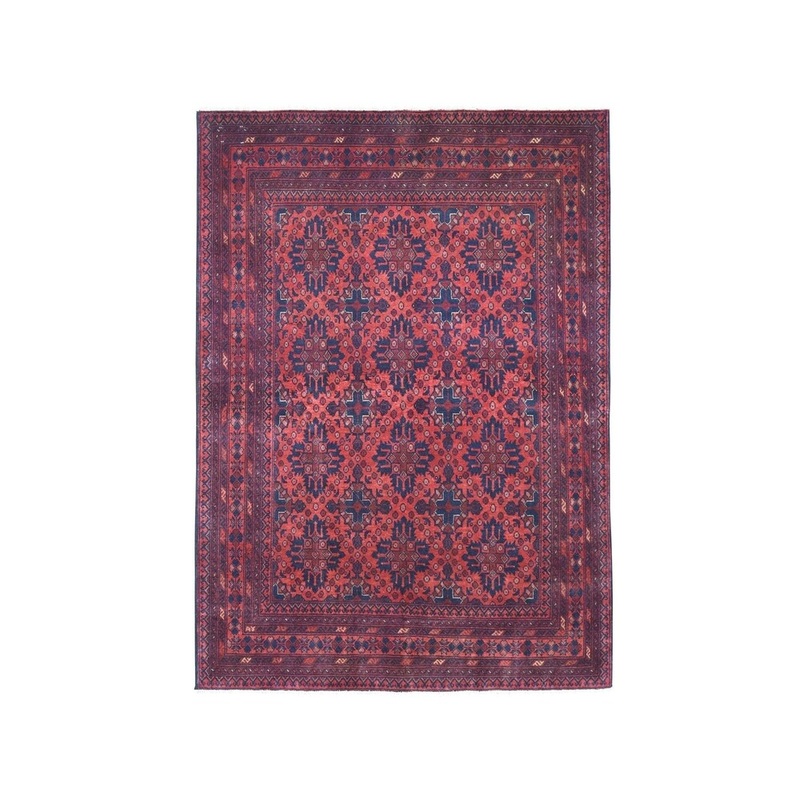 Shahbanu Rugs Red Geometric Design Afghan Andkhoy Pure Wool Hand-Knotted Rug (4'10" x 6'6") - 4'10" x 6'6"