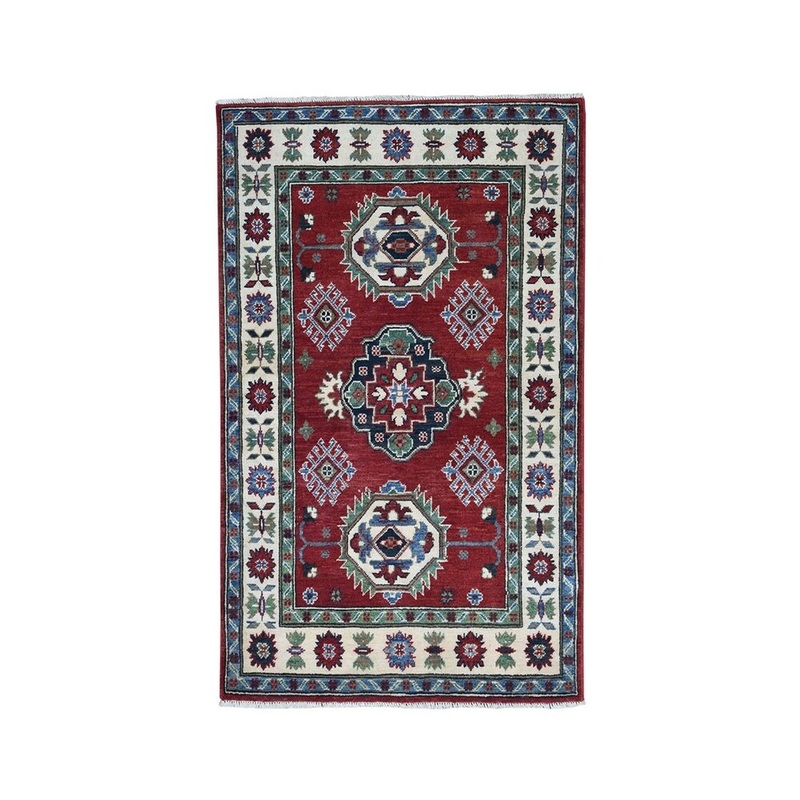 Shahbanu Rugs Red Geometric Design Kazak Pure Wool Hand-Knotted Oriental Rug (3'3" x 4'10") - 3'3" x 4'10"