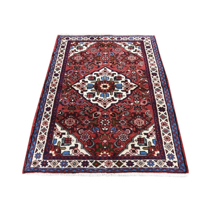 Shahbanu Rugs Red New Persian Hamadan Full Pile Pure Wool Hand-Knotted Oriental Rug (3'0" x 4'8") - 3'0" x 4'8" - 3'0" x 4'8"