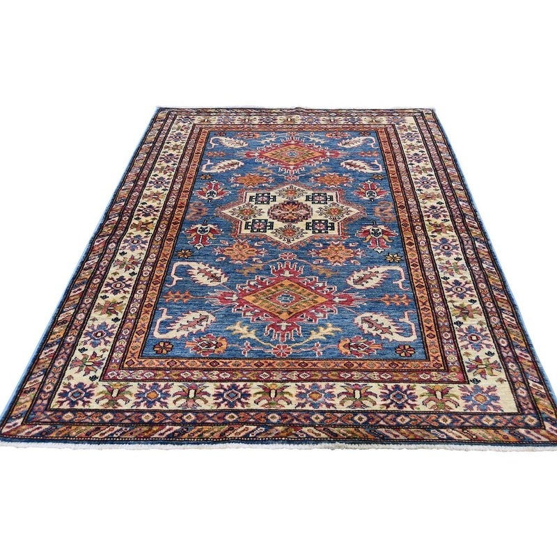 Shahbanu Rugs Super Kazak Pure Wool Blue Geometric Design Hand-Knotted Oriental Rug (3'9" x 6'0") - 3'9" x 6'0"
