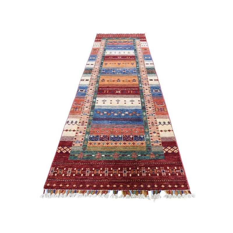 Shahbanu Rugs Super Kazak With Gabbeh Design Runner Hand-Knotted Pure Wool Rug (2'9" x 10'0") - 2'9" x 10'0"
