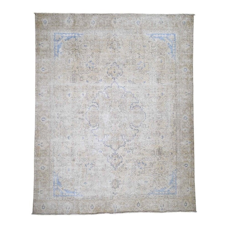 Shahbanu Rugs Vintage White Wash Persian Tabriz Zero Pile Hand-Knotted Oriental Rug (9'9" x 11'10") - 9'9" x 11'10"