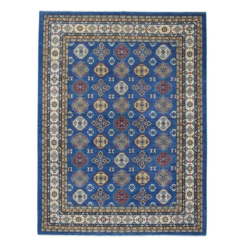 Shahbanu Rugs Blue Kazak Geometric Design Pure Wool Hand-Knotted Oriental Rug (9'0" x 12'0") - 9'0" x 12'0"