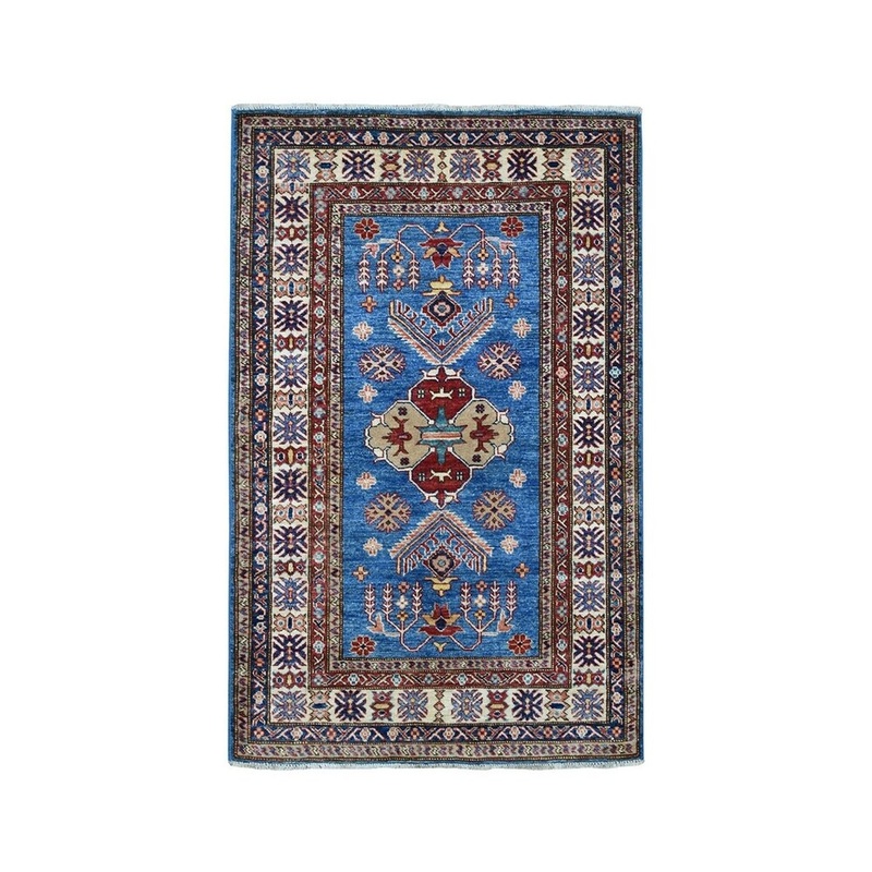 Shahbanu Rugs Blue Super Kazak Geometric Design Pure Wool Hand-Knotted Oriental Rug (3'4" x 5'0") - 3'4" x 5'0" - 3'4" x 5'0"
