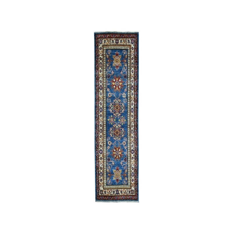 Shahbanu Rugs Blue Super Kazak Geometric Design Pure Wool Hand-Knotted Runner Rug (2'0" x 5'5") - 2'0" x 5'5"