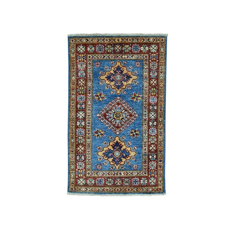 Shahbanu Rugs Blue Super Kazak Pure Wool Geometric Design Hand-Knotted Oriental Rug (2'0" x 3'4") - 2'0" x 3'4"
