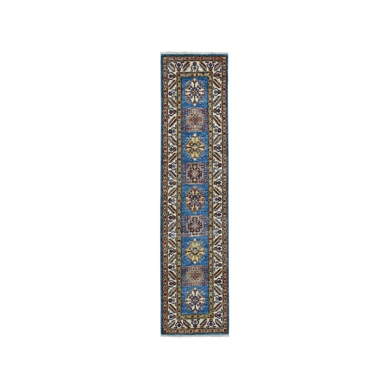 Shahbanu Rugs Blue Super Kazak Pure Wool Geometric Design Hand-Knotted Runner Rug (2'0" x 6'4") - 2'0" x 6'4"