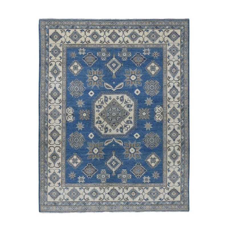 Shahbanu Rugs Blue Vintage Look Kazak Geometric Design Hand-Knotted Oriental Rug (8'0" x 9'10") - 8'0" x 9'10"