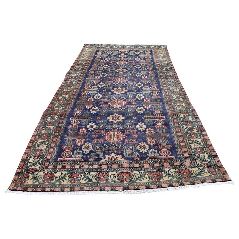Shahbanu Rugs Blue Vintage Persian Ardabil Pure Wool Wide Runner Hand-Knotted Rug (4'4" x 10'4") - 4'4" x 10'4"