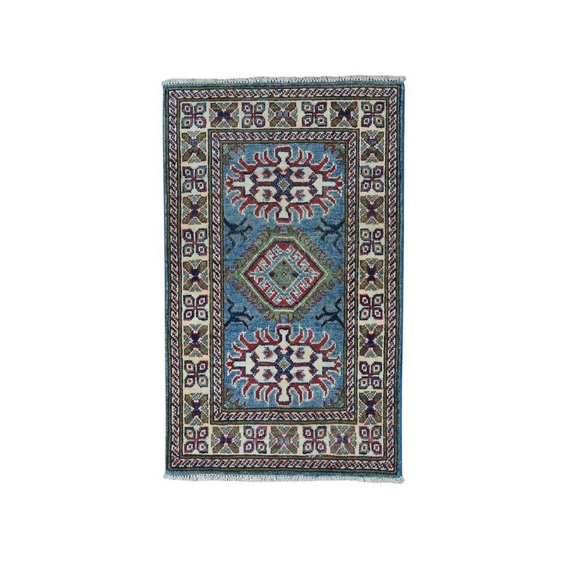 Shahbanu Rugs Denim Blue Geometric Design Kazak Pure Wool Hand-Knotted Oriental Rug (2'0" x 2'10") - 2'0" x 2'10"