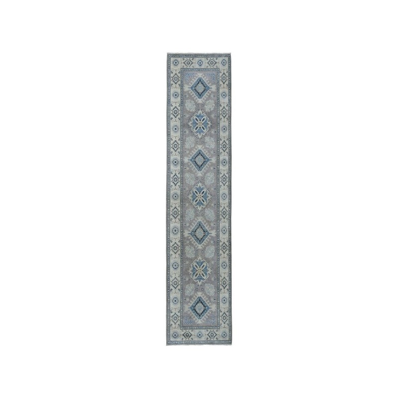 Shahbanu Rugs Gray Vintage Look Kazak Pure Wool Geometric Runner Hand-Knotted Rug (2'8" x 9'7") - 2'8" x 9'7"