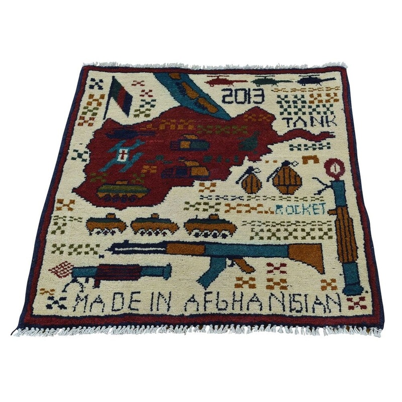 Shahbanu Rugs Hand Knotted Afghan Baluch War Tanks Guns and Grenades Rug (2'0" x 2'2") - 2'0" x 2'2"