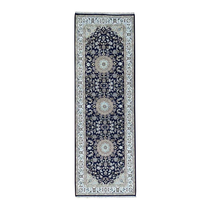 Shahbanu Rugs Hand-Knotted Runner 250 KPSI Nain Blue Navy Wool and Silk Oriental Rug (2'8" x 8'2") - 2'8" x 8'2"