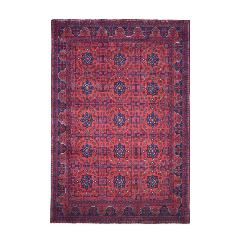 Shahbanu Rugs Red Geometric Design Afghan Andkhoy Pure Wool Hand-Knotted Rug (6'7" x 9'6") - 6'7" x 9'6"