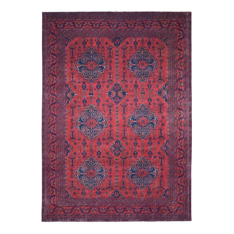 Shahbanu Rugs Red Geometric Design Afghan Andkhoy Pure Wool Hand-Knotted Rug (8'0" x 11'4") - 8'0" x 11'4"