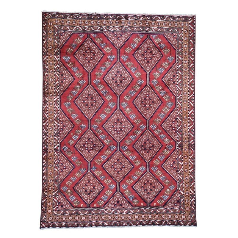 Shahbanu Rugs Red New Persian Hamadan Geometric Design Pure Wool Hand-Knotted Rug (8'4" x 11'6") - 8'4" x 11'6"